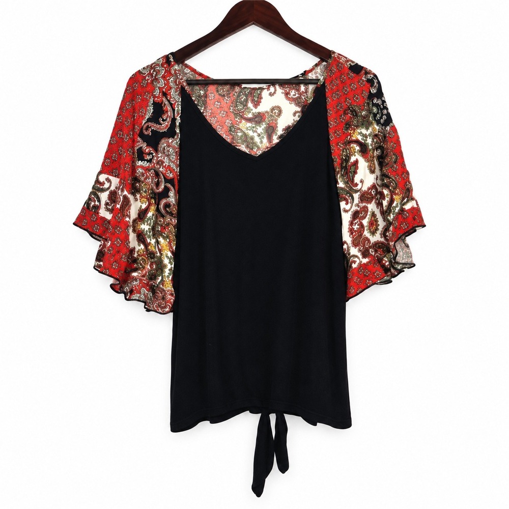 Les Amis Paisley Bell Sleeve Blouse Women Sz M Black Red EUC Front Tie Boho Top